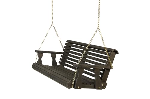 Image of Amish Casual Heavy Duty 700 Lb Capacity Porch Swing (4 Foot, Semi-Solid Black Stain) - Wooden Outdoor Roll Back Swing with Hanging Chains - Amish Made in the USA