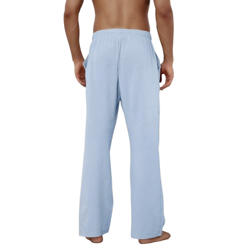 Image of Puimentiua Cotton Linen Pants Men, Summer Beach Pants Loose Fit with Elastic Waist Drawstring