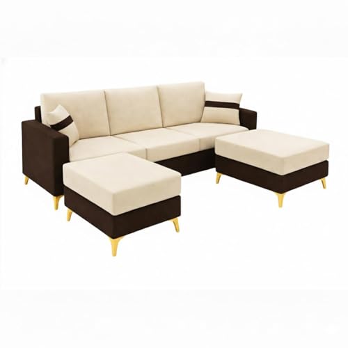 Image of Strike Dual Tone Plush Velvet 3 Seater Sofa Set with 2 Ottoman | Silken Velvet Suede Upholstery | Golden Metal Legs | Designer Sofa for Living Rooms & Office Spaces (Dark Brown & Cream) | Breathable Material