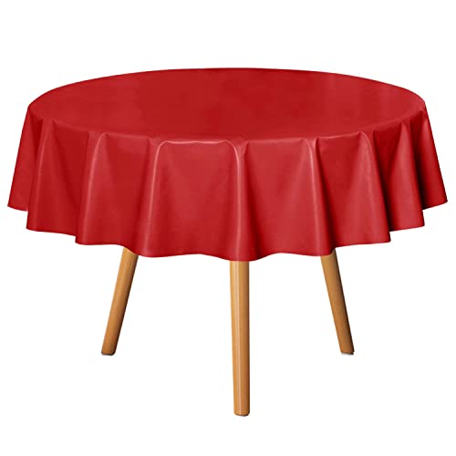 Image of sancua 100% Waterproof Round PVC Tablecloth - 60 Inch - Oil Proof Spill Proof Vinyl Table Cloth, Wipe Clean Table Cover for Dining Tables, Buffet Parties and Camping, Red
