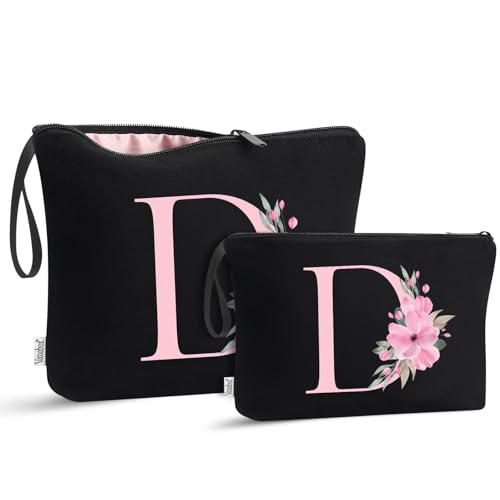Image of Vavabox A-Z Personalized Makeup Bag, Birthday Gifts for Women Mom, Gifts for Best Friend, Bride Bridesmaid Cosmetic bag (D, 04-Black Set)