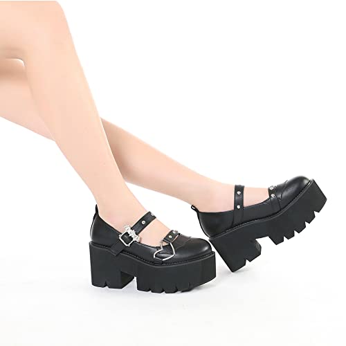 Tscoyuki Women's Platform Ankle Strap Chunky Heels Pumps, Cute Mary Jane Wedges Gothic Shoes4