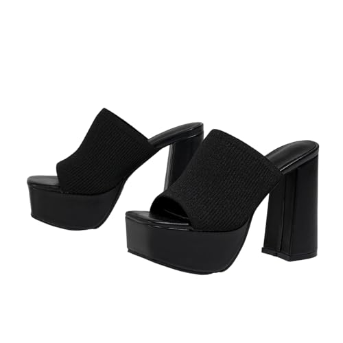 Womens Knitted Platform Chunky Heels Sandals Square Open Toe Slip On Mules Shoes Stretch Knitted Sexy Party Heels Mules
