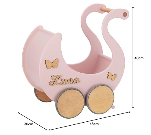 Puppenwagen ab 1 Jahr - Individuell mit Namen - Handgefertigter Puppenwagen - Holzpuppenwagen - Sicher Abgerundete Kanten - Ausdrucksstarke und Schöne Farben (Puderrosa) – Bild 7