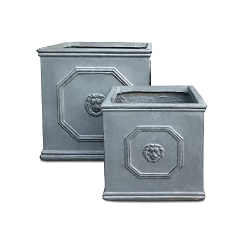 Kante Lightweight Classic Square English Style Lion Head Planter Set Of 2 10.2"X10.2"X10.2" And 12.5"X12.5"X12.5" Antique Gray #TOP23