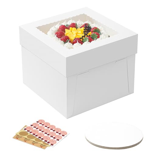 Vorfre 3 Pack Cake Boxes, 10x10x8 Inches Tall Cake Box with Cake Boards, White Bakery Boxes with Window, Disposable Cake Containers with Lids for Cake, Donuts, Pies, Cookies, Wedding, Birthday, Party