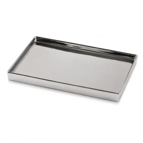8" x 4" Shiny Silver Ceramic Vanity Tray, Rectangular Mirror Finish Jewelry Organizer, Elegant Trinket Dish for Makeup, Rings, Perfume and Small Bathroom Dresser Decor