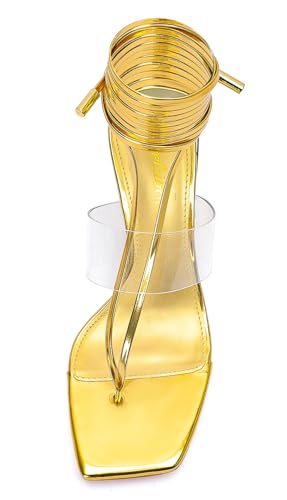 Heels for Women Square Open Toe Lace Up Thong Strappy Heel Sandals Sexy Tie Up Clear Chunky Heeled Sandals for Party Wedding4