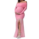 Fansu Vestido de Fiesta Premama, Vestido de Maternidad Maxi-Largo Hombro Desnudo Sesion de Fotos para Fotografía Ropa Premama Embarazada Elegantes (Rosa,L)