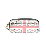 Estuche portátil de cuero PU para lápices de rosas inglesas bandera de Union Jack con cremallera bolsa de maquillaje para estudiantes de papelería bolsa para almacenamiento de oficina escolar,