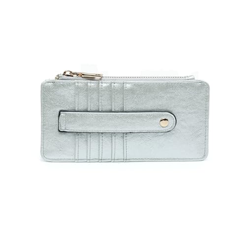 JEN & CO. Saige Slim Wallet Women Vegan Leather Credit Card Holder Coin Purse for Women with Zipper Change Pouch (Pearl)