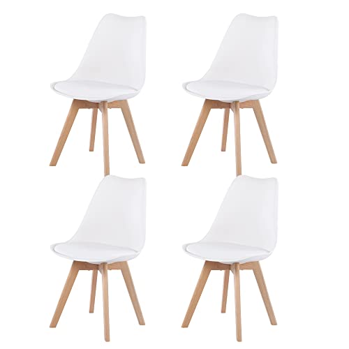 DORAFAIR Pack 4 Sillas de Comedor Estilo Nórdico Silla Escandinava con Las piernas de Madera de Haya Maciza y Cojín Cómoda,Blanco Cover