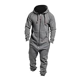 LGHLMCL Men's Hooded Jumpsuit Zip Up Long Sleeve One Piece Fleece Lined Onesie Overalls Rompers Outdoor Jogging Sweatsuits Light Gray