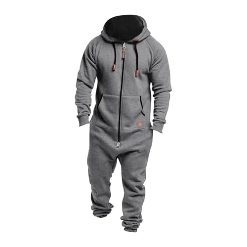 LGHLMCL Men's Hooded Jumpsuit Zip Up Long Sleeve One Piece Fleece Lined Onesie Overalls Rompers Outdoor Jogging Sweatsuits Light Gray