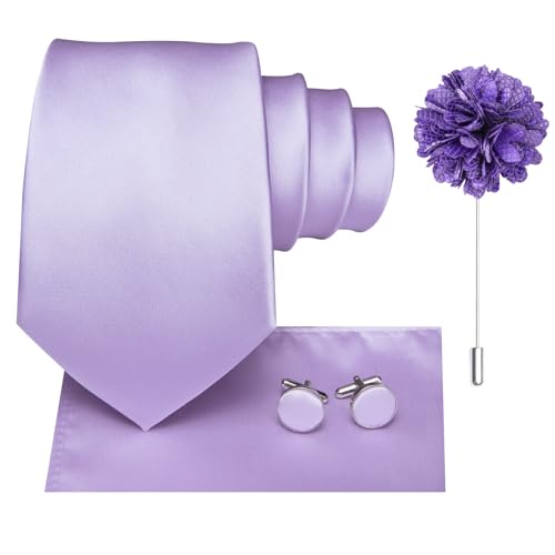 Hi-Tie Silk Men's Tie and Pocket Square Cufflinks Lapel Pin Set Jacquard Wedding Business Necktie for Formal, Lilac