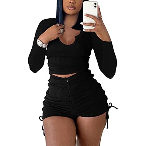 2 Piece Outfits Women Summer Sexy Bodycon Seamless Ribbed Crop Top and Ruched Drawstring Shorts Tracksuits Workout Sets, Long Sleeve-black, Small Cover