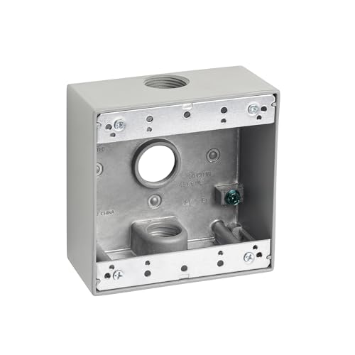 Sealproof 2-Gang 3 3/4" Holes Weatherproof Rectangular Exterior Electrical Outlet Box with 3 Outlets, Three 3/4-Inch Holes, UL Listed, Double Gang, Gray