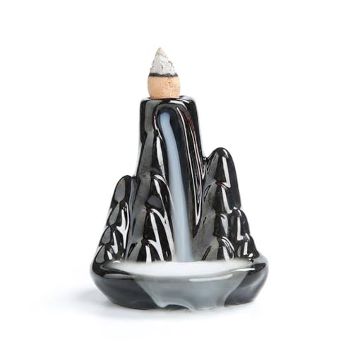 Handmade Ceramic Backflow Incense Holder - Waterfall Incense Burner Ornament Mountain Design Aromatherapy Fountain for Home Decor Yoga Meditation & Office Unique Zen Gifts (Black)