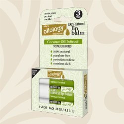 Oliology 100% Natural Lip Balm Coconut Oil Infused Tropical Flavor 3 Pack