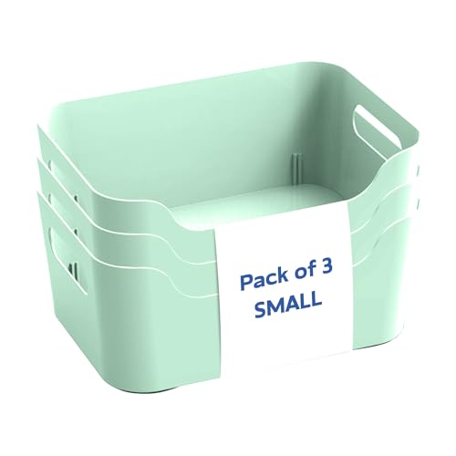 Image of KOLORR Jolly Plastic Small Baskets with Handle for Storage Box| Multipurpose Light Weight Plastic Baskets organiser for Make-up Stationary Cosmetics Kitchen Livingroom Bathroom | Pack of 3 - Mint