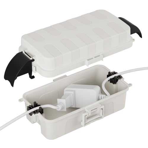 Flemoon IP55アウトドア用電気ボックス 雨除け可着脱カバー付き 水密性有 8.3 x 4.1 x 3.7インチ 天候耐性延長コードカバー オープンエア用プラグ、コンセント、ストリングライトの簡単設置 ホワイト