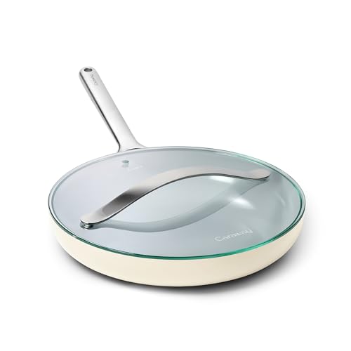 Image of Caraway Nonstick Ceramic Frying Pan with Glass Lid - 12 inch - Non Toxic, PTFE & PFOA Free - Oven Safe to 550F - Compatible with Gas, Electric, Induction Stovetops, Cream