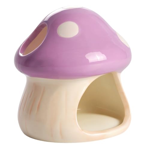 Image of Ceramics Mushroom House Aquarium Decor - Axolotl & Betta Hiding Cave with Breeding Spot for Betta Fish, Shrimp, Small Fish & Goldfish Tank Ornament - Purple