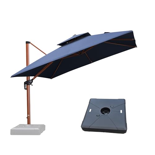 PURPLE LEAF 10 Feet Wood Pattern Square Patio Umbrella With Base Double Top Deluxe Umbrella Cantilever Outdoor Umbrella Garden Umbrella Deck Pool Umbrella, Spectrum Indigo