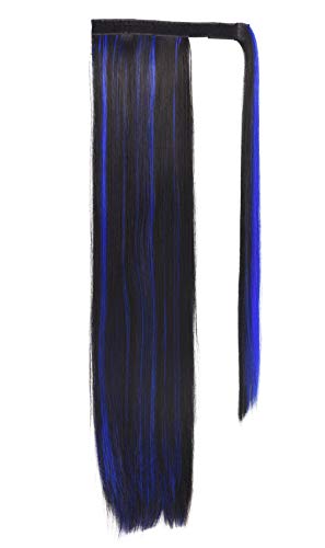 SEIKEA Clip in Ponytail Extension Wrap Around Long Straight Hair Extension 28 Inch Synthetic Hairpiece - Black (Blue Highlight)