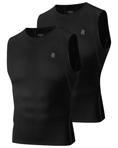 Runhit 2 Pack Mens Compression Shirt Sleeveless Workout Tank Top Breathable Sports Base Layer Undershirt Running Black M