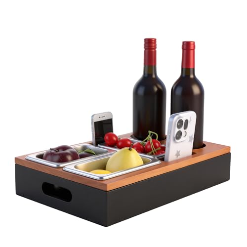 Ghligna Couch Caddy Couch Bar Sofa Buddy Cup Holder Wooden Movie Night Snack Tray with Stainless Steel Bowls Drink Wine Glasses
