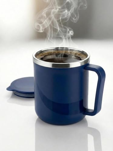 Image of XMART India Insulated Stainless Steel Coffee Mug with Lid - 300ml Double Wall Tea & Milk Mug for Travel, Home, Office, Restaurant Stylish, Leakproof, Drinkware Gifts for Woman,Man (1, Navy Blue)