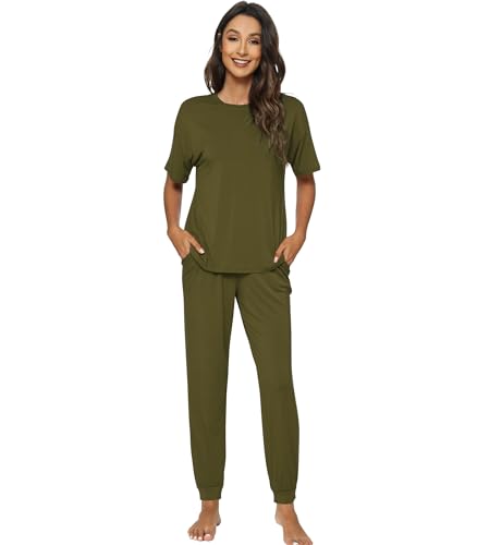 WiWi Women's Short Sleeve Tracksuit Set Viscose from Bamboo Loungewear 2 Piece Outfit Long Pants...