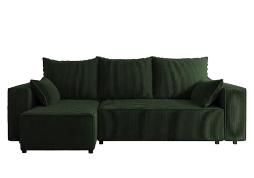 4ALL HOME Ecksofa mit Schlaffunktion Tobi 246x145 cm - Couch - Sofa mit Bettkasten - Eckcouch - L-Form - Schlaffsofa - Schlafsofa mit Bettkasten - Universal (Cord Poso 14 Flaschengrün)