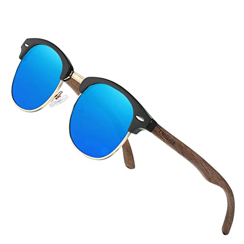 KINGSEVEN Lunettes de soleil polarisées semi-sans monture en bois Lunettes pour femmes Classique Rétro Vintage Design N5516 (Blue) Cover