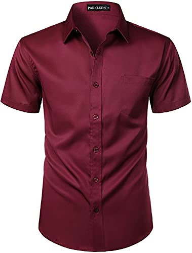 PARKLEES Mens Casual Urban Stylish Slim Fit Short Sleeve Button Up Dress Shirt with Pocket Burgundy L