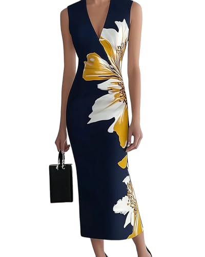 HVT Women's Dress Wedding Guest Party Dresses Floral Print Halter Neck Maxi Dress Sleeveless Bodycon Long Dresses