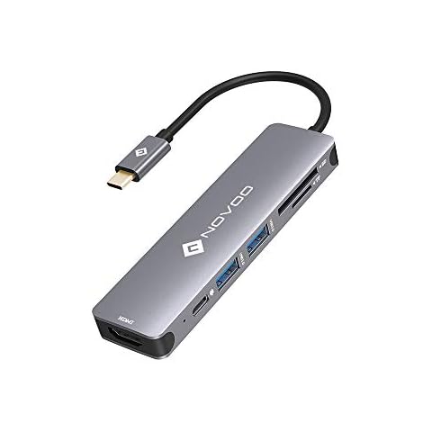 NOVOO USB C Hub, 6 in 1 Aluminum USB-C Adapter with HDMI 4K Adapter, USB-C Power Delivery, SD and Micro SD Card Reader and 2 USB 3.1 Ports Compatible for USB-C Devices Cover