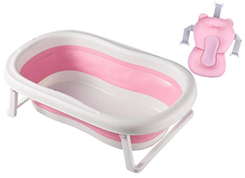 Bañera de bebé para niñas, bañera plegable rosa infantil con red de baño rosa