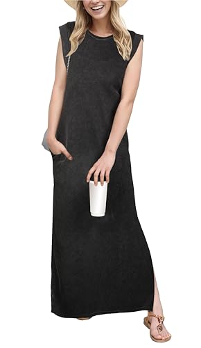 Image of GRECERELLE 2026 Women Year-Round Casual Round Neck Loose Split Wrinkle-Free Long Maxi Vacation Dress with Pockets (XXS-4XL)