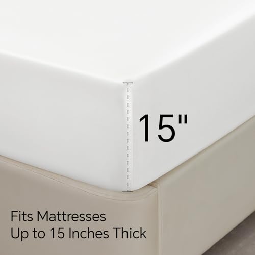 BEDELITE Satin Fitted Sheet and Pillowcases Set, Luxury Soft Similar to Silk Bottom Bed Sheet with Elastic Corner Straps, Deep Pocket up to 15 Inch, 1 Fitted Sheet and 2 Pillowcases(Queen,White)