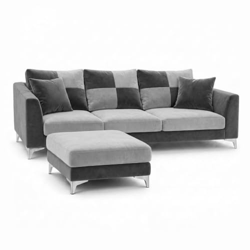 Image of Romeo Rich 4 Seater L Shape Sofa Set with Movable Ottomans | Flexible Layout | Velvet Suede Fabric | Golden Aesthetic Legs | Dual Tone Modern Sofa for Living Room (Dark Grey-Light Grey)