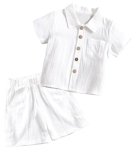 Happy Cherry - Ropa Verano Recién Nacido Niño Conjunto de Lino Algodón Camisa Manga Corta Pantalones Cortos Traje de Verano Bebé Juego de 2 Piezas Color Sólido Infantil - 18-24 Meses - Blanco