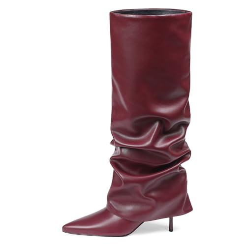 COMFITORIA Womens Knee High Boots, Fold Over Shark Boots Stiletto Heels Slouchy Long Boot Pointed Toe Thigh High Dress Shoes Sexy Fashion Tall Boot for Women with Zipper