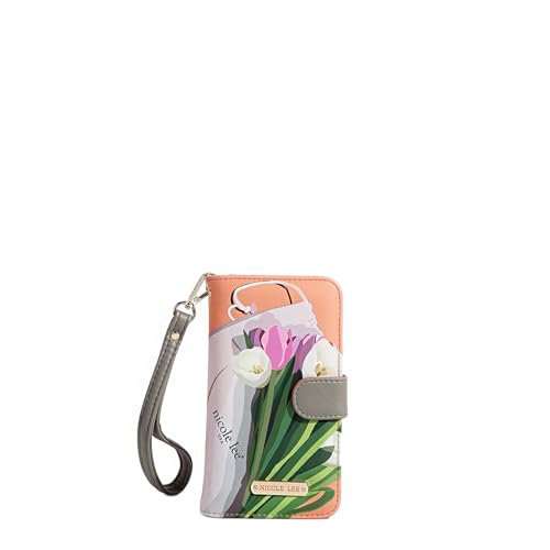 Nicole Lee Bifold Wallet Phone Case, Vegan Leather, Adjustable Phone Holder, Detachable Wristlet Strap (Violet Blossom)