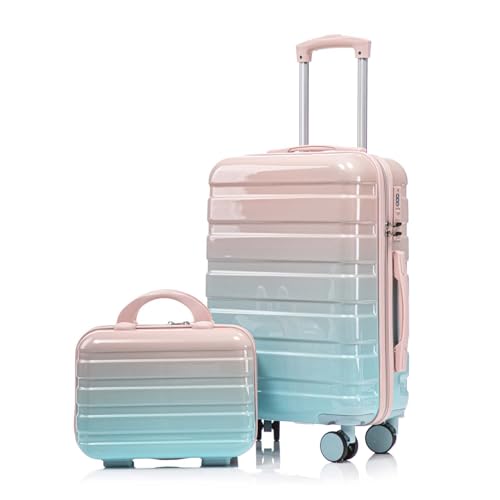 Image of Clyrava 20 Inch Blue+Pink Carry on Kids Luggage Set of 2 with Spinner Wheels and 14" Cosmetic Case, Hardshell Small Suitcases with Combination Lock, Checked Luggage for Travel Men and Women