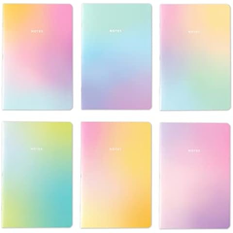 THiNKABLE Pastel Gradient Journal Set, A5 Notebook 6 Pack Ruled Pages, Aesthetic Stationery, Cute Notebooks for Girls, Pretty Travel Journal for Women, Soft Cover Journals Cover