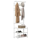 Innotic Porte-Manteau 3-en-1 pour Entrée, Meuble avec 3 Étagères à Chaussures et 16 Crochets, 182cm sur Pieds en Acier, Vestiaire pour Couloir, Blanc