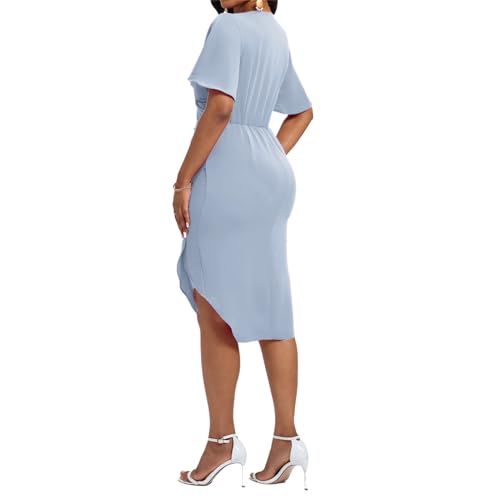 Image of Women's Wrap V Neck Asymmetrical Hem Midi Ruched Cocktail Evening Dress | Back Zipper, Regular Fit, Club Night, Semi Office Formal, Wedding Dinner Date, Flutter Short Sleeve