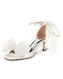 Coutgo Womens Bow Kitten Heels Sandals Square Open Toe Ankle Strap Satin Ribbon Wedding Dress Shoes,Beige,size6.5